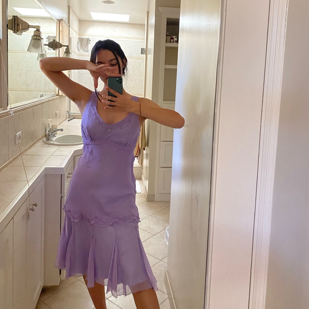 Designer lilac purple silk mesh rhinestone studded prom dress